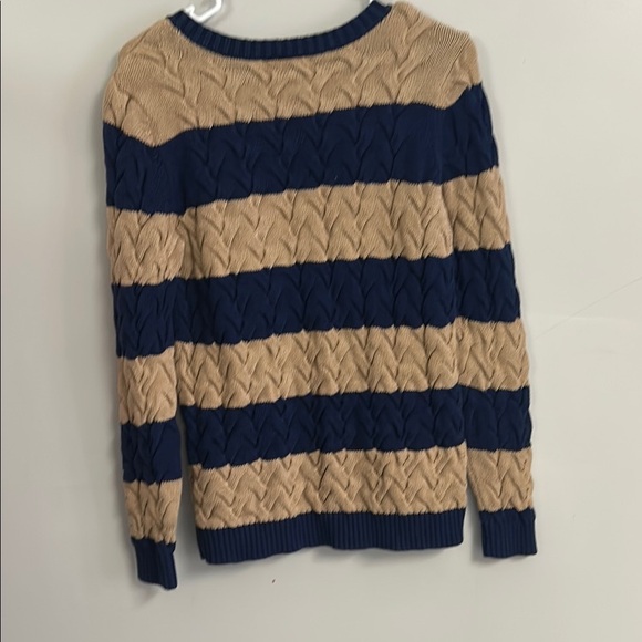 Land’s End Drifter Striped Cable Knit Sweater in Tan and Navy - Picture 4 of 4